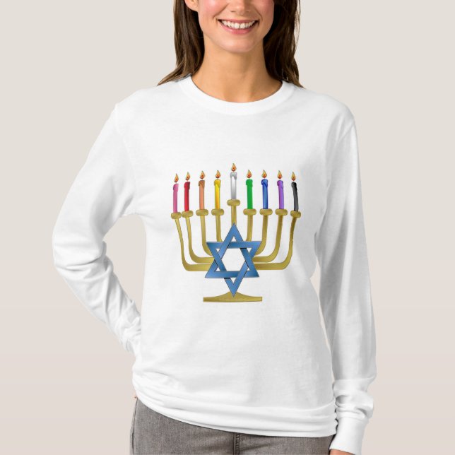 Hanukkah-regnbågsljus Guld Menorah Tee (Framsida)
