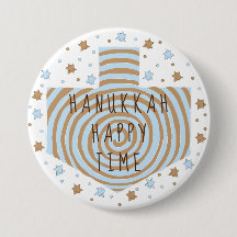 Hanukkah Round Button, Blue/Tan Dreidel Stars
