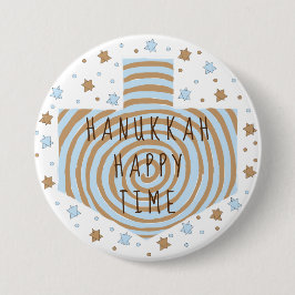 Hanukkah Round Button, Blue/Tan Dreidel Stars Knapp