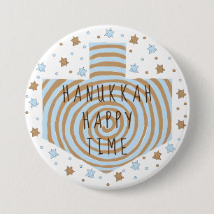 Hanukkah Round Button, Blue/Tan Dreidel Stars Knapp