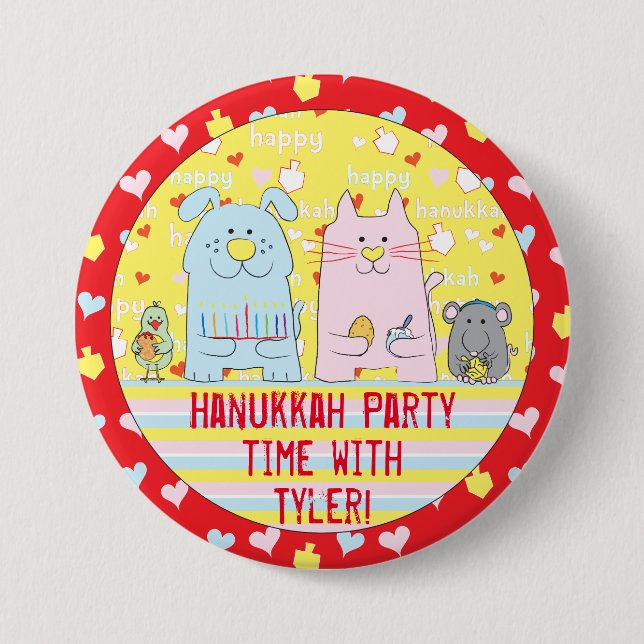 Hanukkah Round Button, Personalize Mouse & Friends Knapp (Framsida)