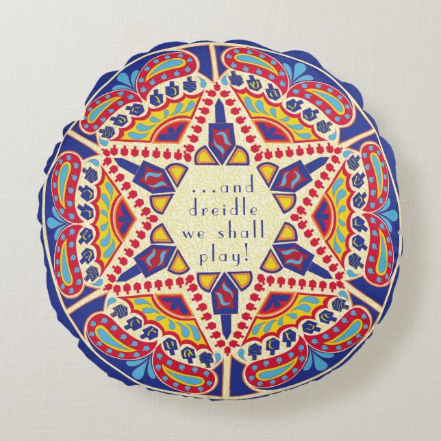 Hanukkah Round Pillow "Chanukah Paisley Dreidle" Rund Kudde (Framsidan)
