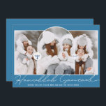 Hanukkah Sameach coola blue script menorah 3 foton Julkort<br><div class="desc">Hanukkah Sameach coola blue script menorah 3 foton</div>