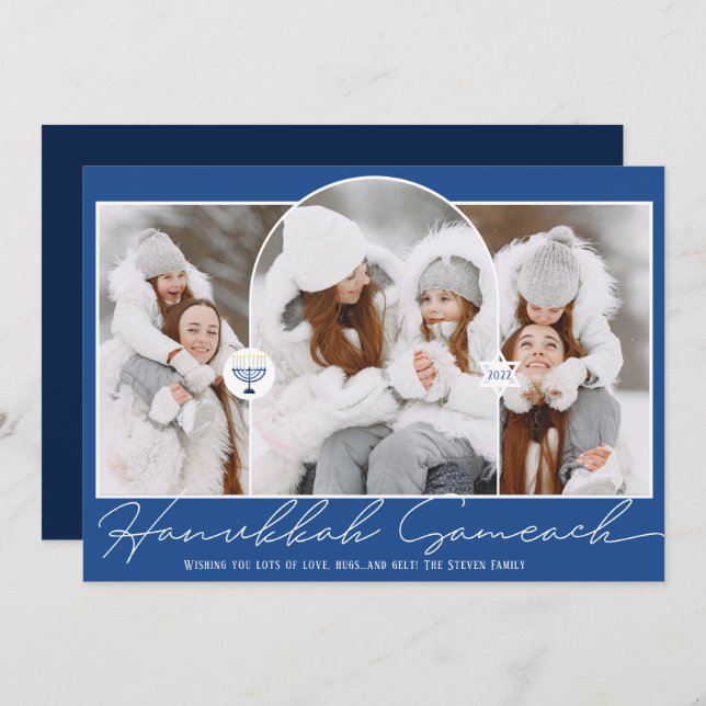 Hanukkah Sameach coola blue script menorah 3 foton Julkort (Fram/baksida)