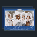 Hanukkah Sameach coola blue script menorah 3 foton Julkort<br><div class="desc">Hanukkah Sameach coola blue script menorah 3 foton</div>