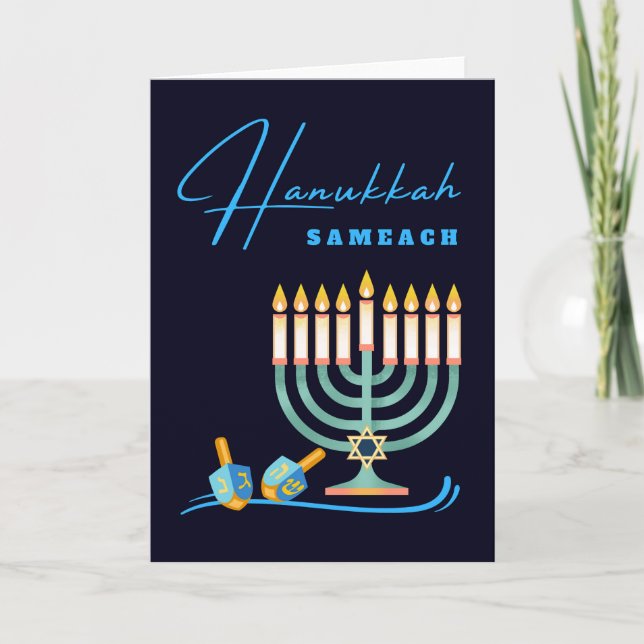 Hanukkah Sameach Menorah och Dreidels Kort (Framsida)