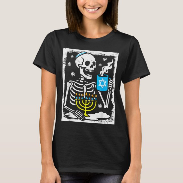 Hanukkah Skeleton Coffee Dreidel Jewish Menorah Ch T Shirt (Framsida)