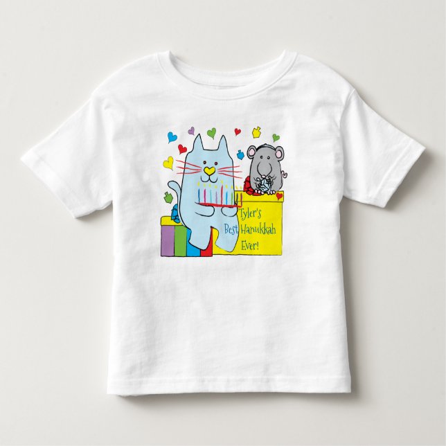 Hanukkah Småbarn Jersey T-Shirt Blue Cat and Mouse (Framsida)