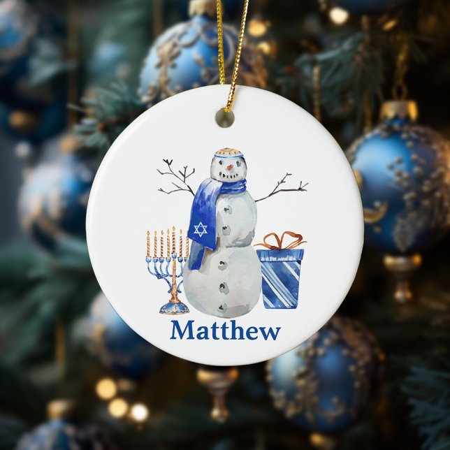 Hanukkah Snögubbe Blue Personlig namn Menorah Julgransprydnad Keramik (Skapare uppladdad)