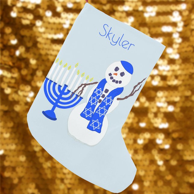 Hanukkah Snögubbe Chrismukkah För barn Add A Namn Liten Julstrumpa (Add this cute snowman and menorah holiday stocking to your interfaith holiday décor)