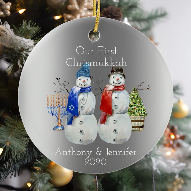 Hanukkah Snögubbe jul Vår första Chrismukah 2 Julgransprydnad Keramik (Skapare uppladdad)