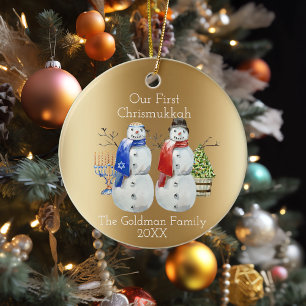 Hanukkah Snögubbe jul vår första Chrismukkah C Julgransprydnad Keramik