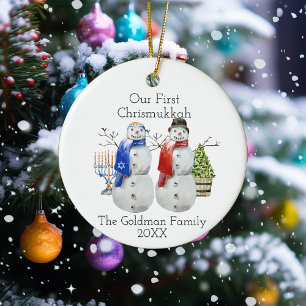 Hanukkah Snögubbe jul vår första Chrismukkah Julgransprydnad Keramik