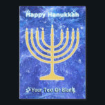 Hanukkah Snowstorm Menorah<br><div class="desc">En glödande guld Hanukkah-menorah och "Lycklig Hanukkah" i blått och vitt text som läggs ovanpå ett blått och vitt skenbart mönster som påminner om snöflingor i en storm. Chag Sameach! Lägg till ytterligare text.</div>