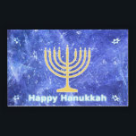 Hanukkah Snowstorm Menorah Bricka<br><div class="desc">En glödande guld Hanukkah-menorah och "Lycklig Hanukkah" i blått och vitt text som läggs ovanpå ett blått och vitt skenbart mönster som påminner om snöflingor i en storm. Chag Sameach!</div>