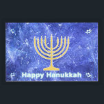 Hanukkah Snowstorm Menorah Bricka<br><div class="desc">En glödande guld Hanukkah-menorah och "Lycklig Hanukkah" i blått och vitt text som läggs ovanpå ett blått och vitt skenbart mönster som påminner om snöflingor i en storm. Chag Sameach!</div>