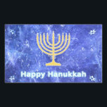 Hanukkah Snowstorm Menorah Rektangulärt Klistermärke<br><div class="desc">En glödande guld Hanukkah-menorah och "Lycklig Hanukkah" i blått och vitt text som läggs ovanpå ett blått och vitt skenbart mönster som påminner om snöflingor i en storm. Chag Sameach!</div>