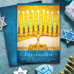 Hanukkah Snyggt Gult Guld Menorah på Teal Flat Julkort<br><div class="desc">"Lycklig Hanukkah". En närbild av en ljus, färgstark, gult guld-arttsy-menorah på en texturerad tealblå bakgrund hjälper dig att sätta dig upp i helgdag av Hanukkah. Känn julhelgens värme och glädje när du skickar det här häpnadsväckande, färgstarka Hanukkah-platta hälsningskortet. Matchningshöljen, klistermärken, tote bags, papper förpackning, serveringsbrickor och andra produkter finns i...</div>