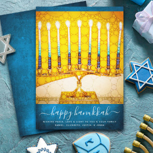 Hanukkah Snyggt Gult Guld Menorah på Teal Flat Julkort