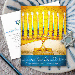 Hanukkah Snyggt Gult Guld Menorah Script Teal Helg Vykort