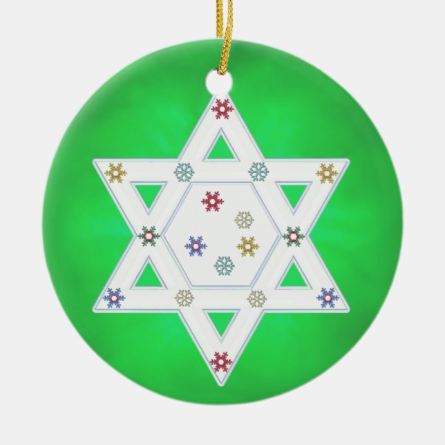Hanukkah Star och Snöflingor Grönt Julgransprydnad Keramik (Framsidan)