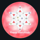 Hanukkah Star och Snöflingor Red Runt Klistermärke<br><div class="desc">Kryssa i med min design av David Star och lite färgstarkt snöflingor mot röd och vit bakgrund. Texten säger "Lycklig Hanukkah".</div>