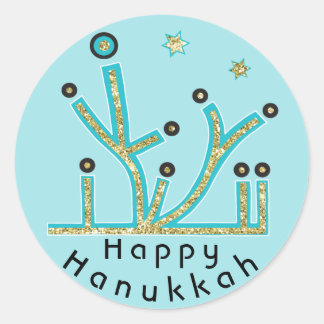 Hanukkah Stickers "Blue Ljus Latkes Chanukah" Runt Klistermärke