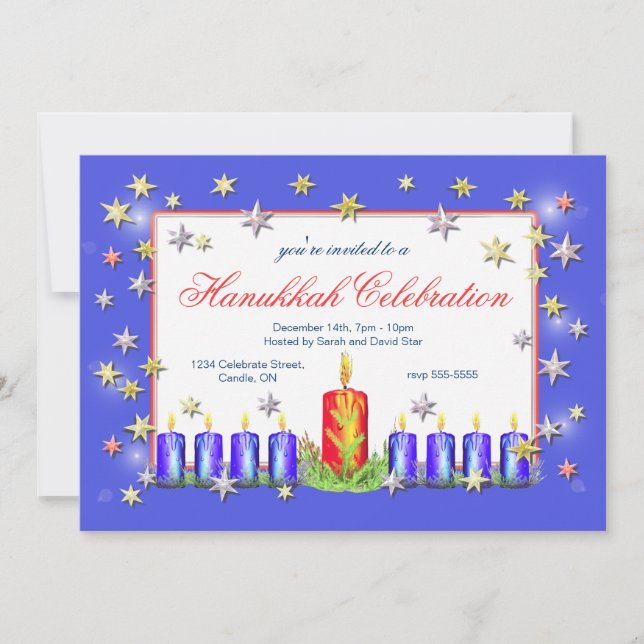 Hanukkah-stjärnor och ljusfirande inbjudningar (Framsida)