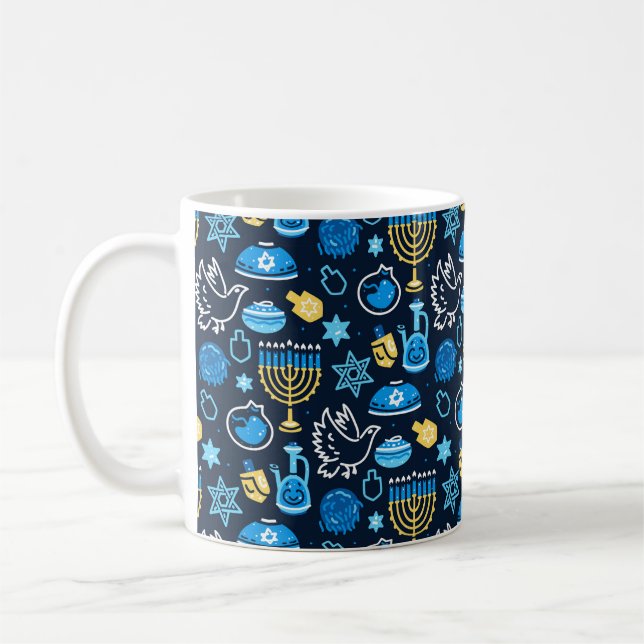 Hanukkah Symbols Blue Mönster Kaffemugg (Vänster)