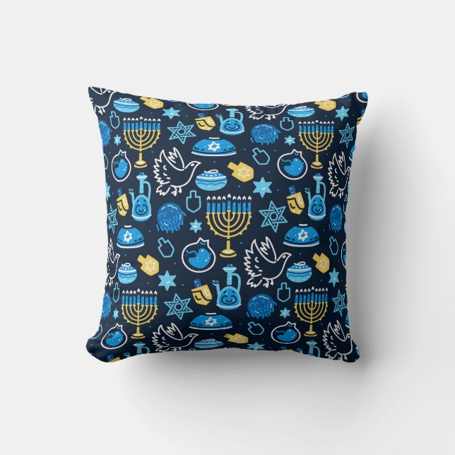 Hanukkah Symbols Blue Mönster Kudde (Framsida)
