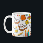 Hanukkah Symbols: Judiska Helgdag Mönster. Kaffemugg<br><div class="desc">Hanukkah Sömlös mönster. Den judiska Helgdag Hanukkah-symbolen. Menorah (ljusskygghet), ljus, nötter (sufganiyan), gåvor, dreidel, mynt, olja. Lycklig Hannukah i Hebrew. Vintage illustrerar Hanukkah-symboler i en underbar vintage mönster. Hanukkah-symboler i en illustration av vintagen: hanukkah, chanukah, hanukka, mönster, hannukah, hanuka, chanuka, bakgrund, nöt, vit, illustration, sömlös, papper, struktur, chanukkah, light, gåva,...</div>