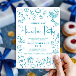 Hanukkah Teal Handritade Klotter Whimsical Fest Inbjudningar