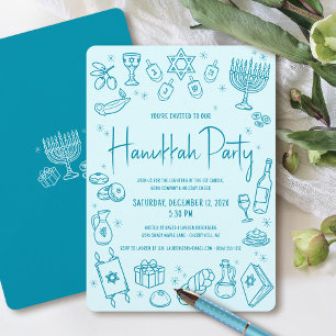 Hanukkah Turkos Handritad Rolig Whimsisk Fest Inbjudningar