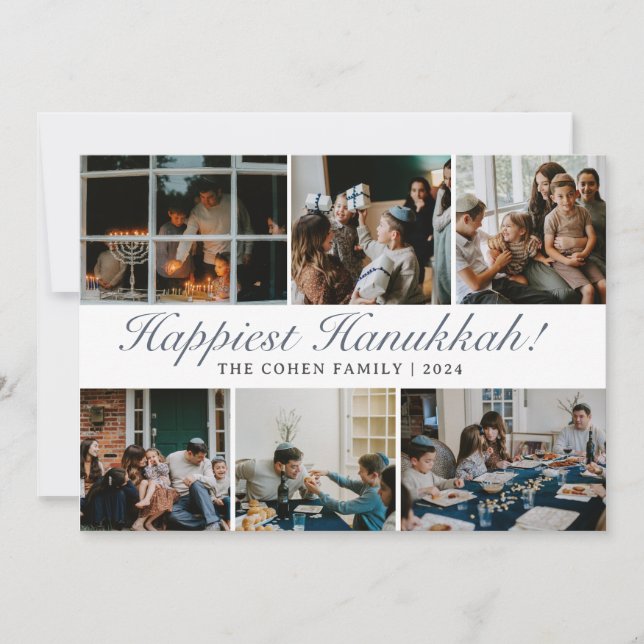 Hanukkah Typography Blue-familjens fotosamling Julkort (Framsida)
