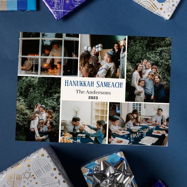 Hanukkah Typography Blue-familjens fotosamling Julkort (Skapare uppladdad)