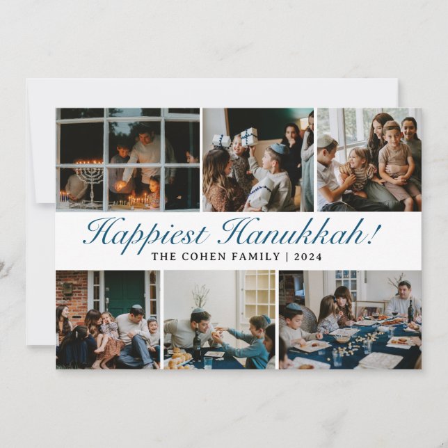 Hanukkah Typography Blue-familjens fotosamling Julkort (Framsida)