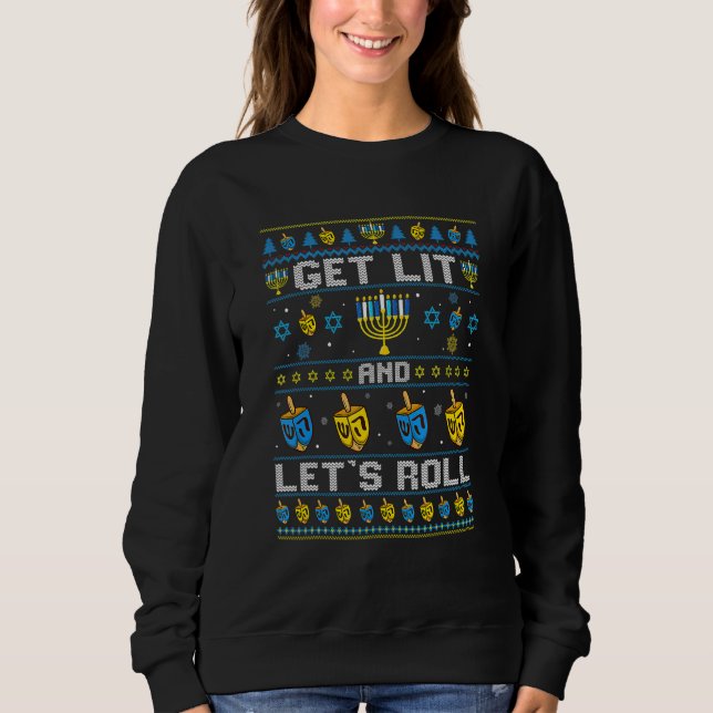 Hanukkah Ugly Sweater Get Lit And Lets Roll Chanuk T Shirt (Framsida)