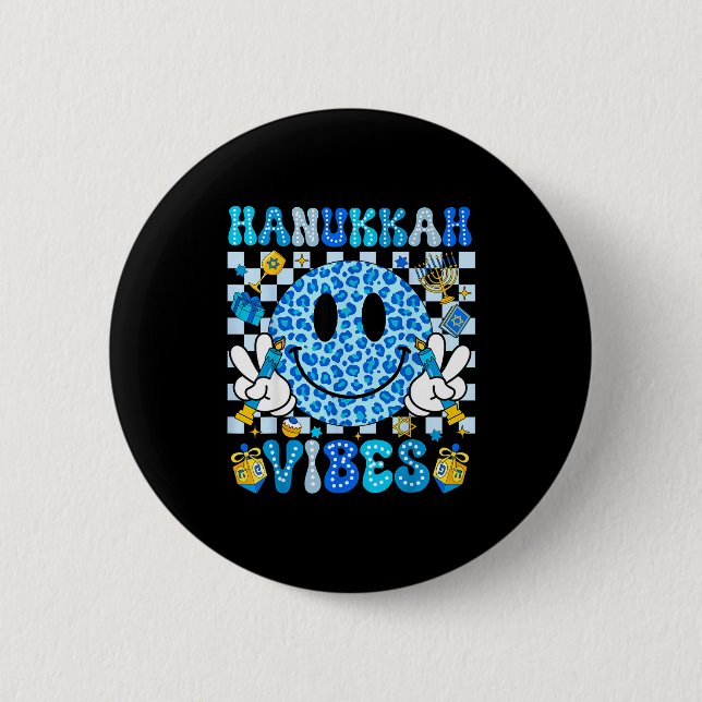 Hanukkah-vibes groovy leende ansikte judisk högtid knapp (Framsida)