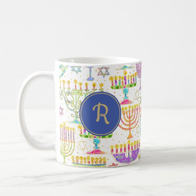 Hanukkah White Guld Menorah Star of David Monogram Kaffemugg (Vänster)