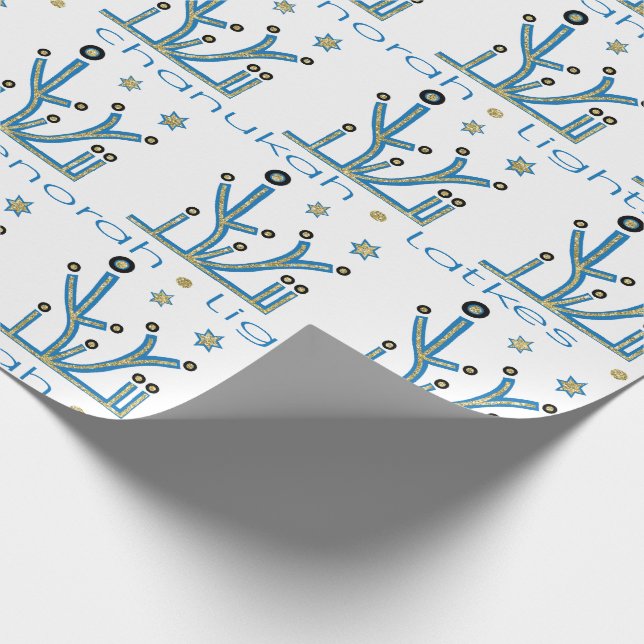 Hanukkah Wrapping Papper "Blue Bling Menorahs" Presentpapper (Hörn)
