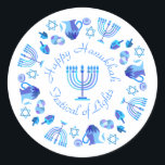 Hanukkiah Lycklig Hanukkah Jewish Helgdag Menorah Runt Klistermärke<br><div class="desc">Hanukkiah Symbol. Lycklig Hanukkah Party judisk Helgdag Blue Menorah. Judiska Helgdag Chanukkah-Dekorationen med traditionell dekorationssymbol för Chanuka - Navy Blue färg hanukkiah menorah, ljusskygghet med ljus, stjärnan av David och nyblå ljus illustration. Hanukkah Festival of ljus Event Dekoration. Jerusalem, Israel. Crafts & Party Supplies > Gift Wrapping Supplies > Stickers...</div>