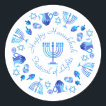 Hanukkiah Lycklig Hanukkah Jewish Helgdag Menorah Runt Klistermärke<br><div class="desc">Hanukkiah Symbol. Lycklig Hanukkah Party judisk Helgdag Blue Menorah. Judiska Helgdag Chanukkah-Dekorationen med traditionell dekorationssymbol för Chanuka - Navy Blue färg hanukkiah menorah, ljusskygghet med ljus, stjärnan av David och nyblå ljus illustration. Hanukkah Festival of ljus Event Dekoration. Jerusalem, Israel. Crafts & Party Supplies > Gift Wrapping Supplies > Stickers...</div>