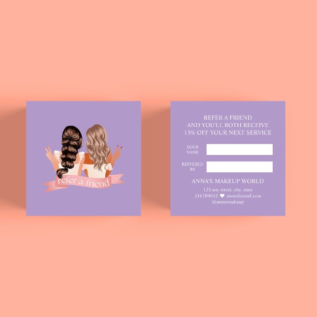 Hänvisa till Friend Makeup Artist Beauty Salon Lil Rabattkort (Lavender Referral Card - Makeup Artist, Beauty Salon, Cosmetician, Nail, Brow, Lash Technician)