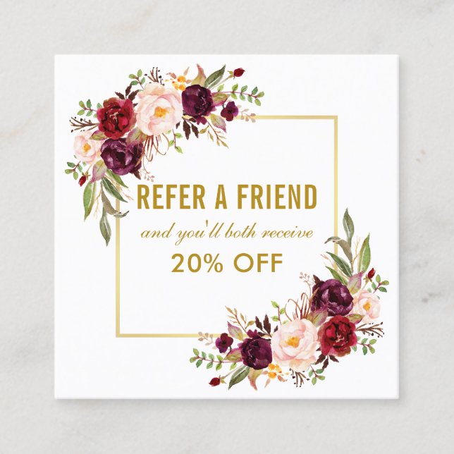 Hänvisning till elegant Burgundy Blommigt Guld Ram Fyrkantigt Visitkort (Framsida)