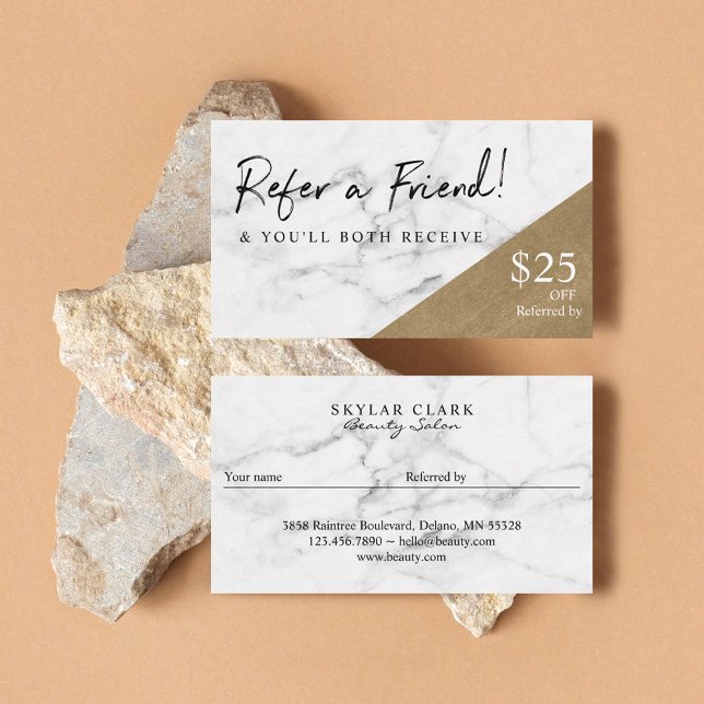 Hänvisning till en vän Elegant Marble & Guld Visitkort (Refer A Friend Elegant Marble & Gold Referral Business Card)
