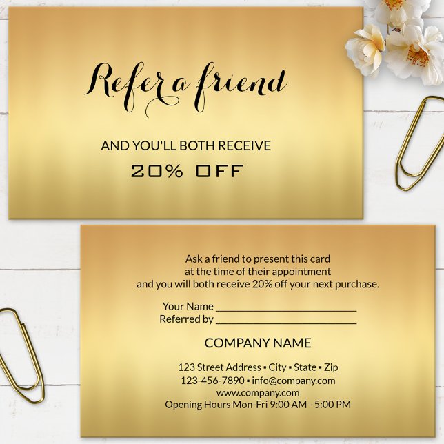 Hänvisning till guld, tala om för ett vänligt Affä Rabattkort (Elegant referral business card featuring a minimalist gold printed design.)