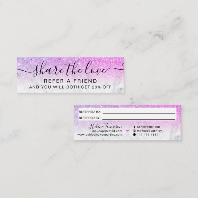 Hänvisning till rosa lila glitter marble chic   mini visitkort (Fram/baksida)