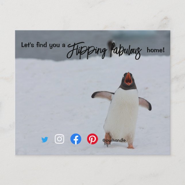 häpnadsväckande fastighetsmäklare pingvin postca flygblad (Framsidan)