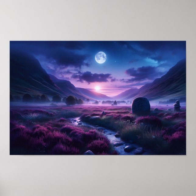 Häpnadsväckande indigoblå Highland-måne vid skymni Poster (Framsidan)