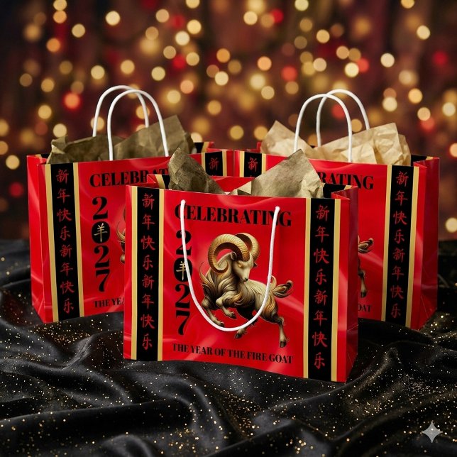 Häpnadsväckande röd-guld kinesiskt år för eldens g (Stunning Red & Gold Chinese Year of the Fire Goat 2027 Large Gift Bags Cover Photo)